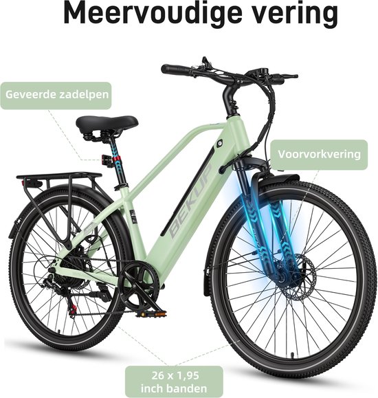 Elektrische stadsfiets - 26 inch frame met hoge instap - 36V 14,5Ah accu met lange actieradius - 250W achterwielmotor - 45Nm koppel - Shimano 7 versnellingen - Voor- en achter schijfremmen - LCD-display - groen — afbeelding 4