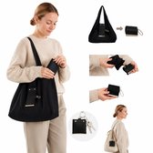 Namajunas Sac à bandoulière pliable avec porte-clés - Sac pour femmes - Tote bag - Cabas - Réutilisable et extensible - Pour les courses, les voyages et l'usage quotidien - Noir