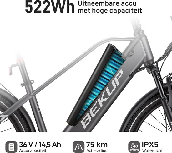 Bekup V2 Elektrische stadsfiets 26 inch - Hoge instap frame - Krachtige 250W achterwielmotor - 45Nm ondersteuning - Lange afstand accu - Shimano 7-speed - LCD-display - Comfortabel dagelijks gebruik - Titaangrijs — afbeelding 3