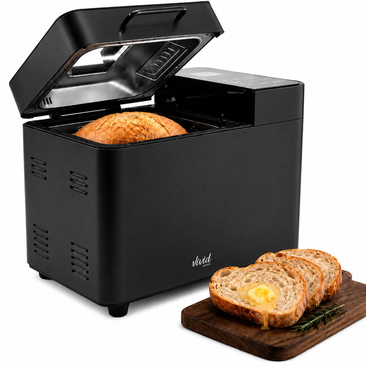 Vivid Green Broodbakmachine - Warmhoudfunctie & Timer - 18 programma's - 500/1000 gram - PFAS vrij - Glutenvrij programma - Broodmachine - 600W - Zwart