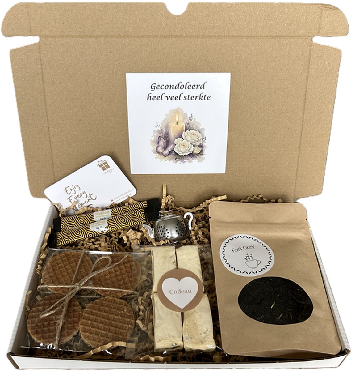 Gecondoleerd thee brievenbus cadeau - theezeefje - nougat - honing - stroopwafels - honing