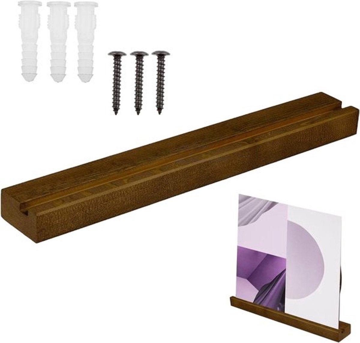 Wandplaathouder - Houten plank - Muziekruimte decoreren - Massief houten constructie - 32 cm lengte - Donkerbruin