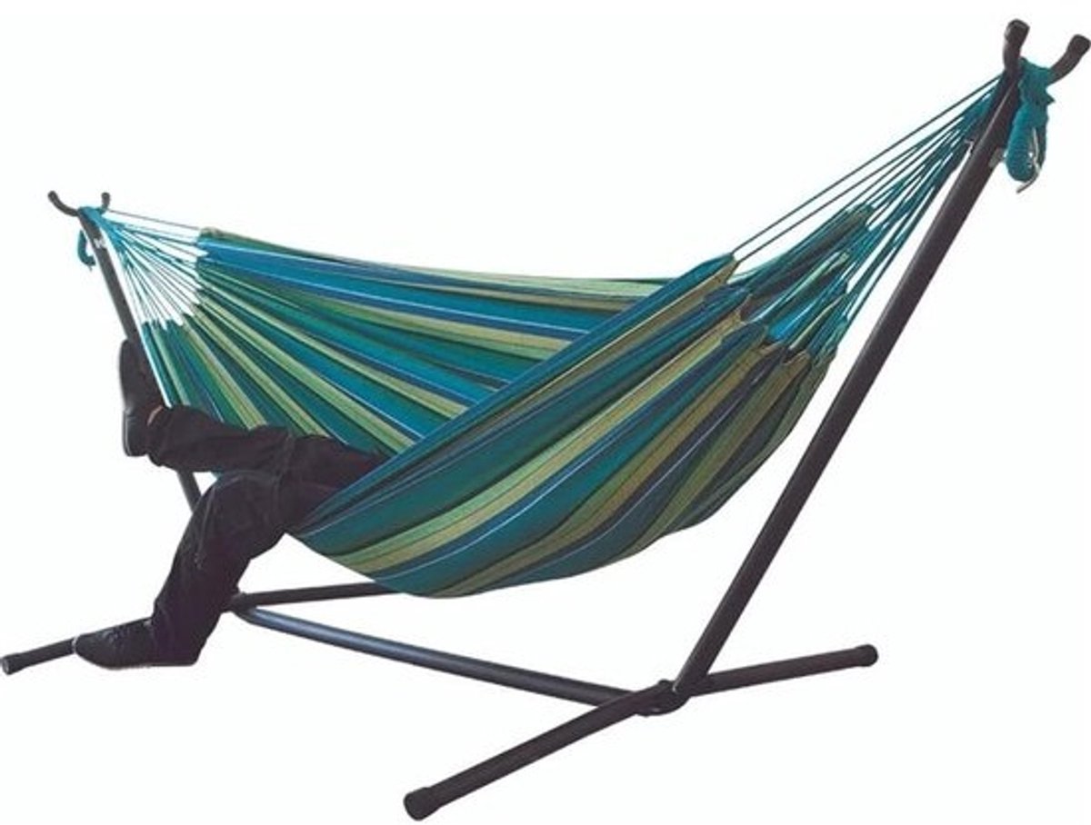 Dubbele Hangmat - Tweepersoons Schommel - Buiten Ontspannen - Ruimtebesparende Standaard - 450 Pond Draagvermogen - Blauw