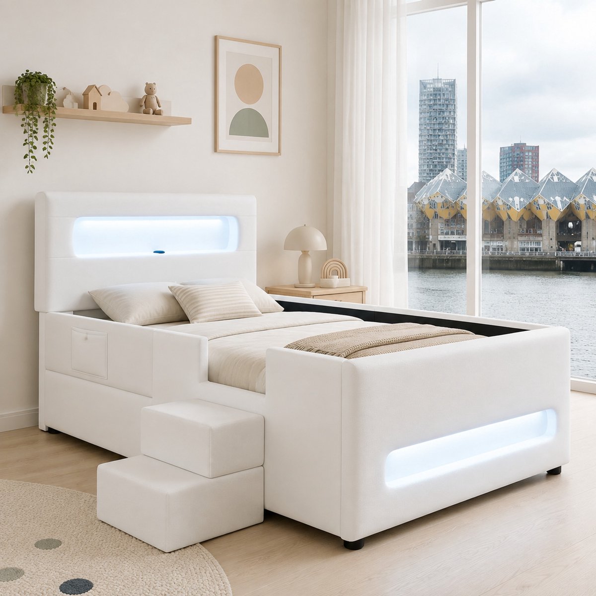 WUVRIE Kinderbed 90x200 cm met LED, lade en trap, gepolsterd platformbed in wit
