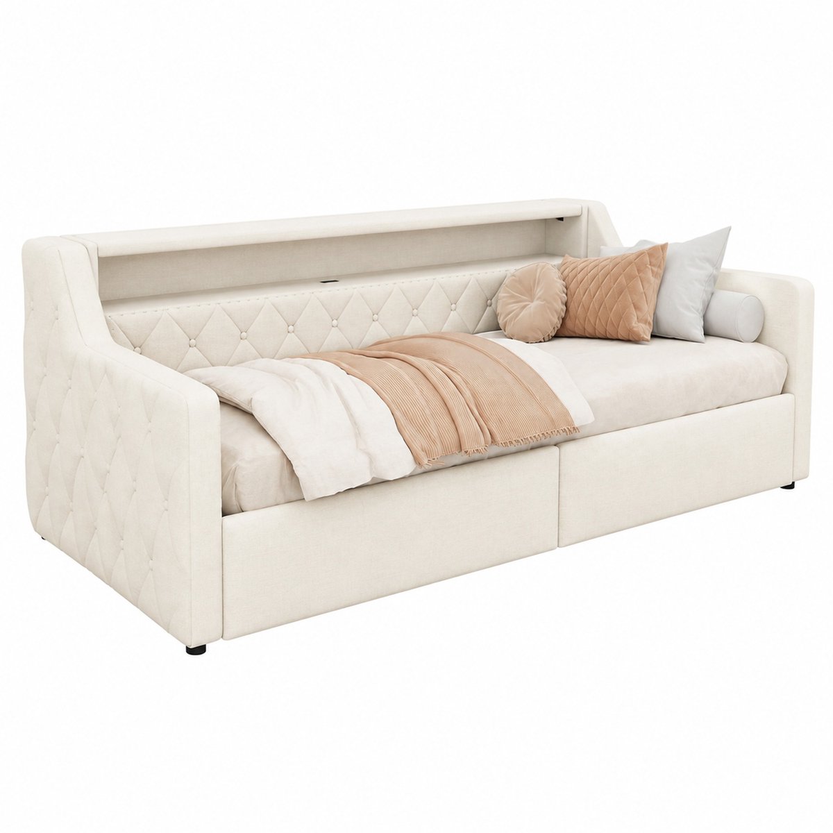 WUVRIE Bedbank 90x200 cm met LED, hydraulische opbergruimte, USB-C en stof, beige