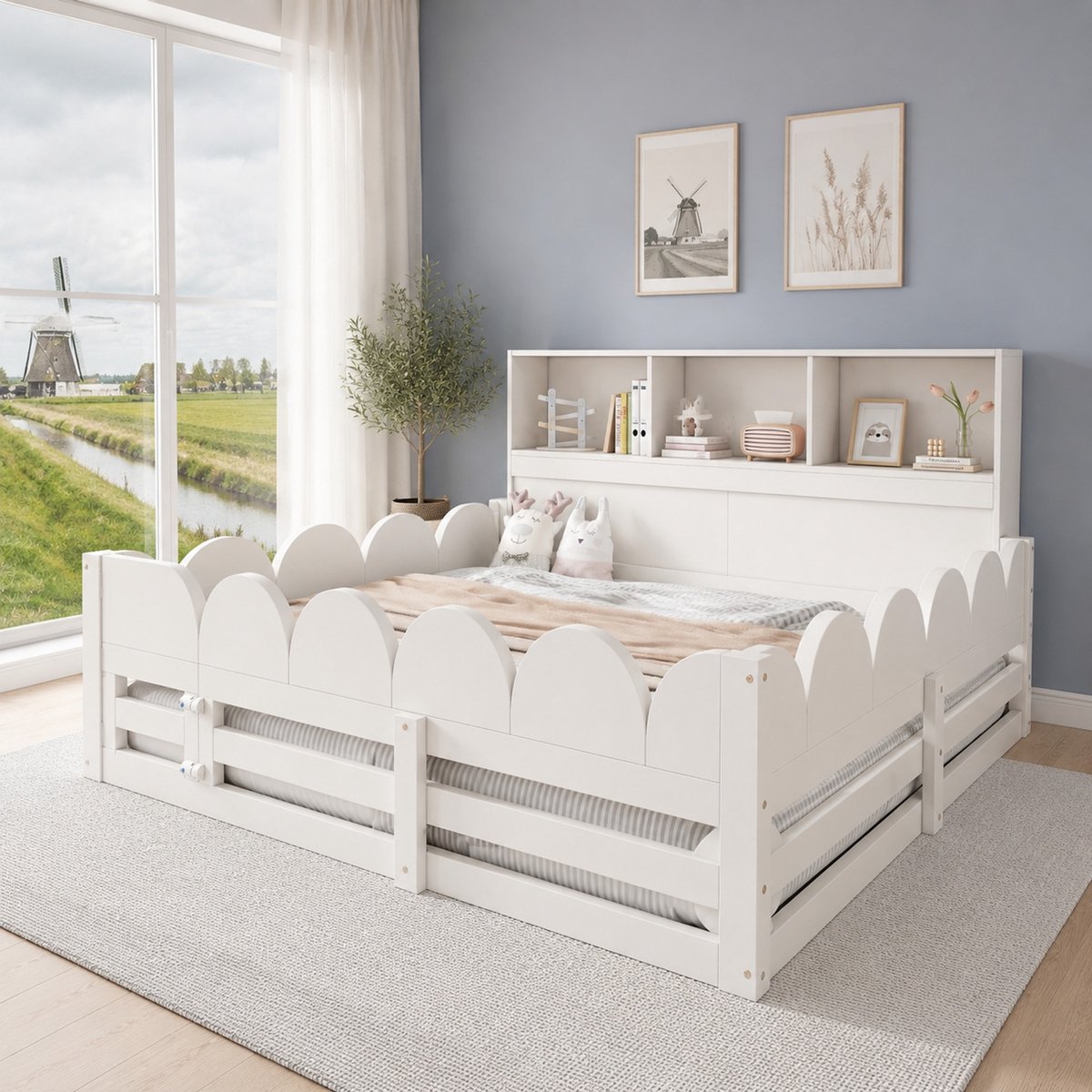 WUVRIE Kinderbed 140x190 cm vloerbed met uitvalbeveiliging, deur en opbergrekken, wit