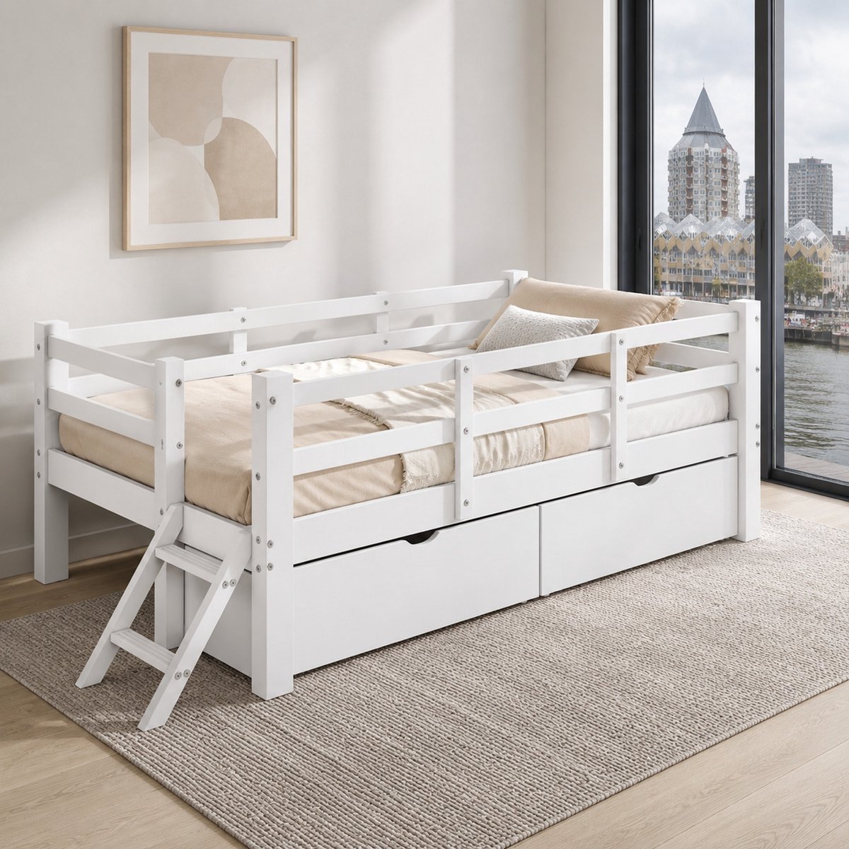 WUVRIE Kajuitbed 90x200 cm met 2 lades, ladder en uitvalbeveiliging, wit