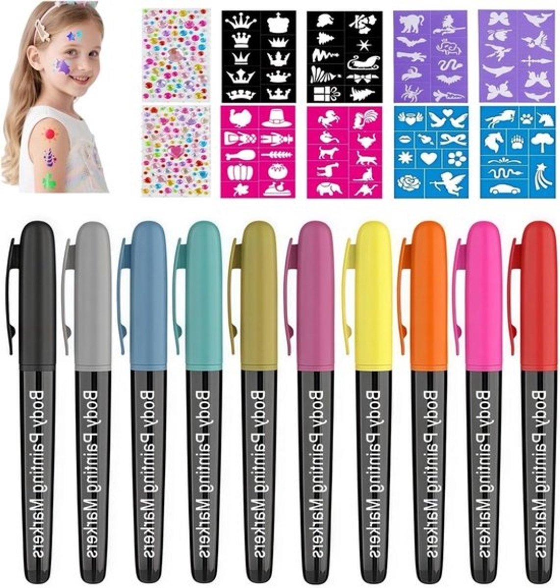 Tattoostiften Kinderen - Huidvriendelijke Schmink - Creatief Spelen - Glitter en Sjablonen - 10 Kleuren - Multicolor