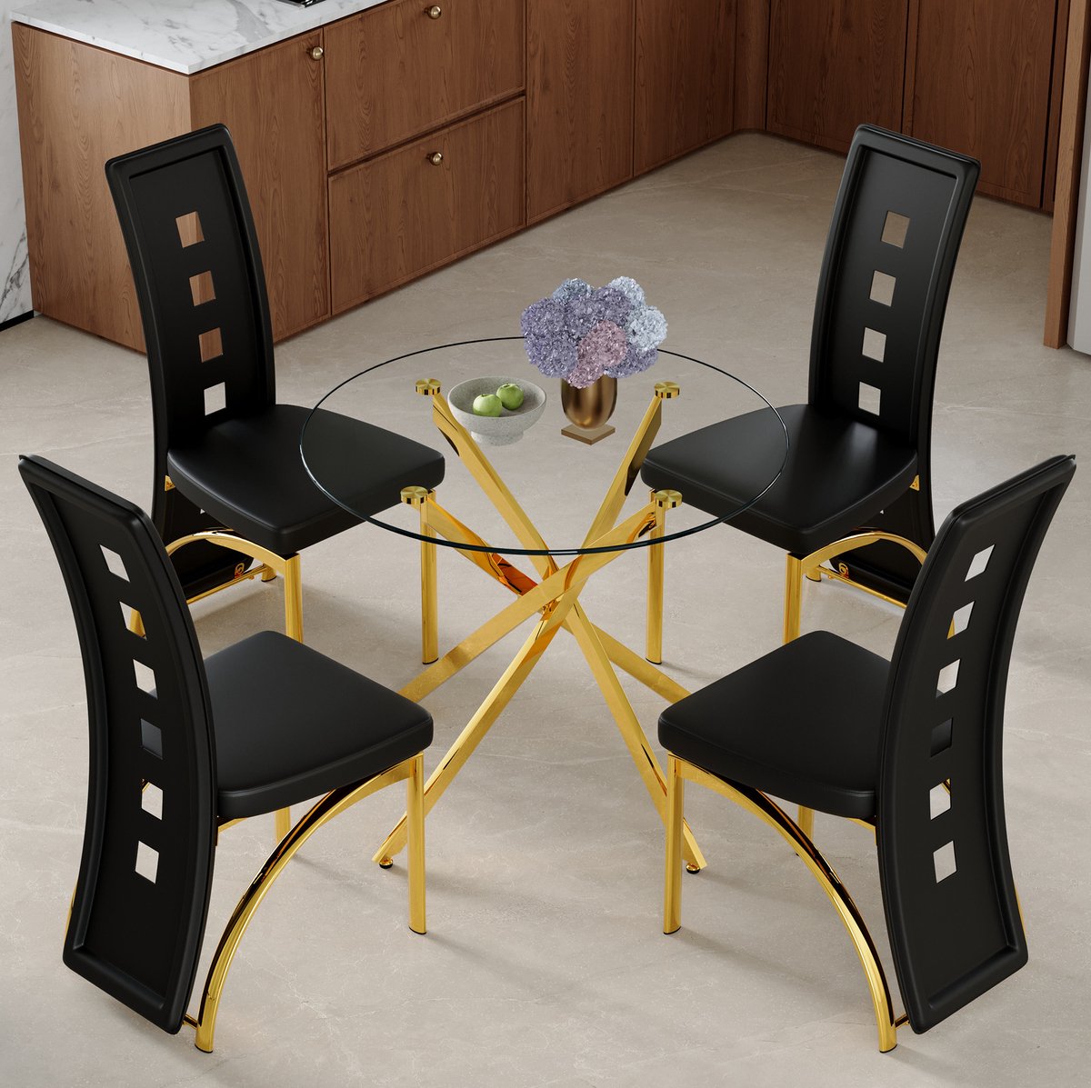 MODFU - Rond Tafel En Stoelen - Modern - 4 Stoelen - Glas - Zwart Goud
