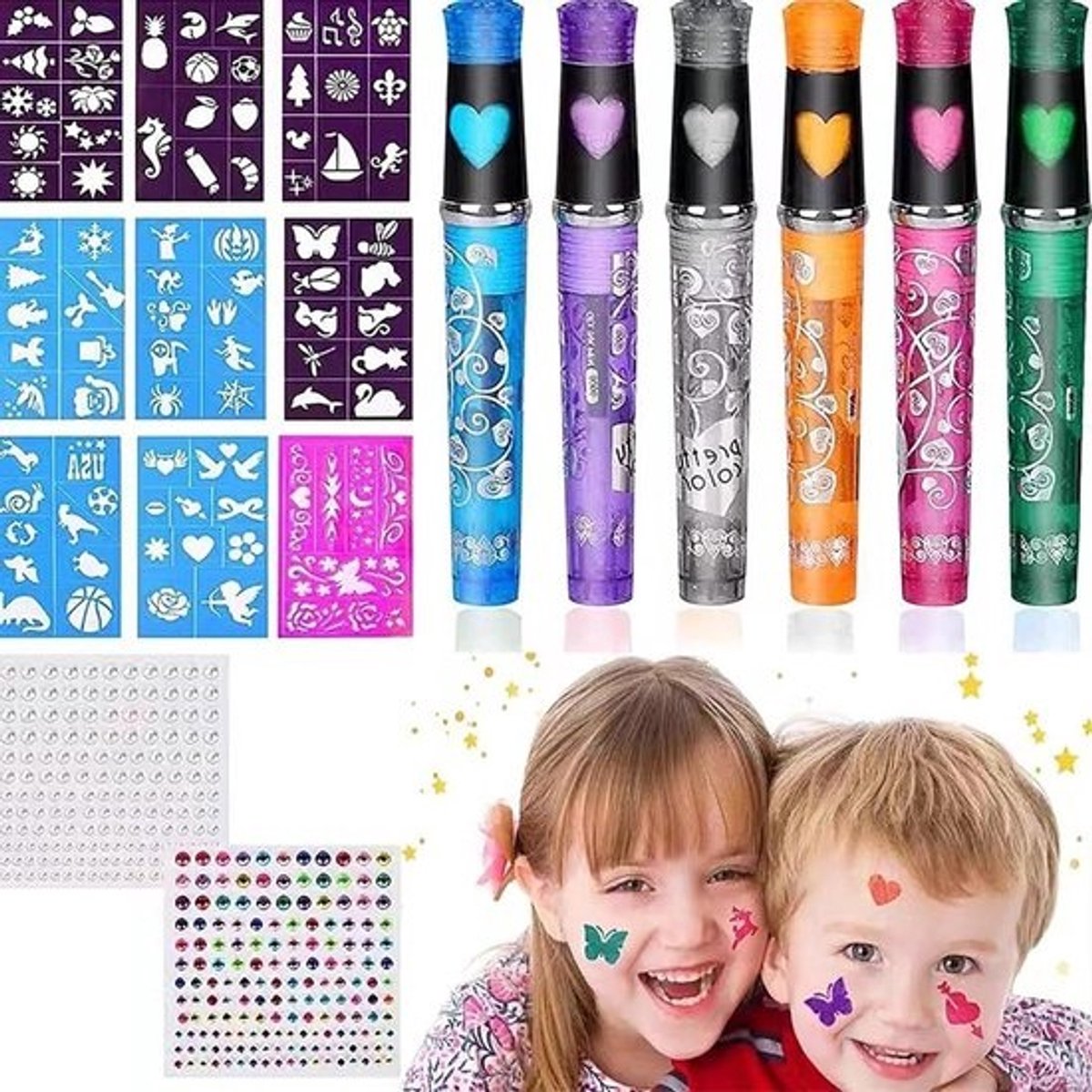 Glitter Tattoostiften Set - Tatoeage Pennen Kinderen - Creatief Tekenen - Huidvriendelijke Inkt - 6 Stiften + 9 Sjablonen - Multicolor