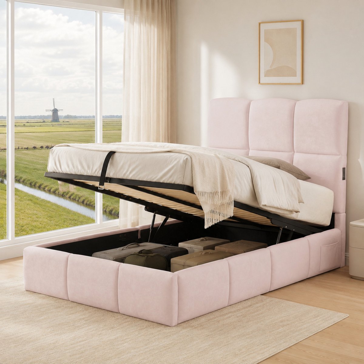 WUVRIE Gestoffeerd bed 90x200 cm met lattenbodem, opbergruimte en USB, roze