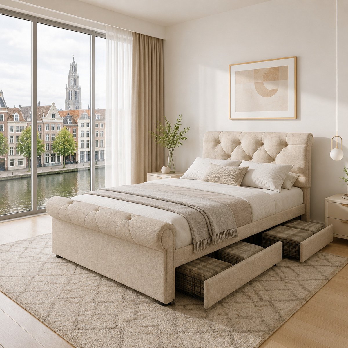 WUVRIE Eenpersoonsbed 90x200 cm met 2 lades en verstelbaar hoofdbord, gestoffeerd bedframe in naturel