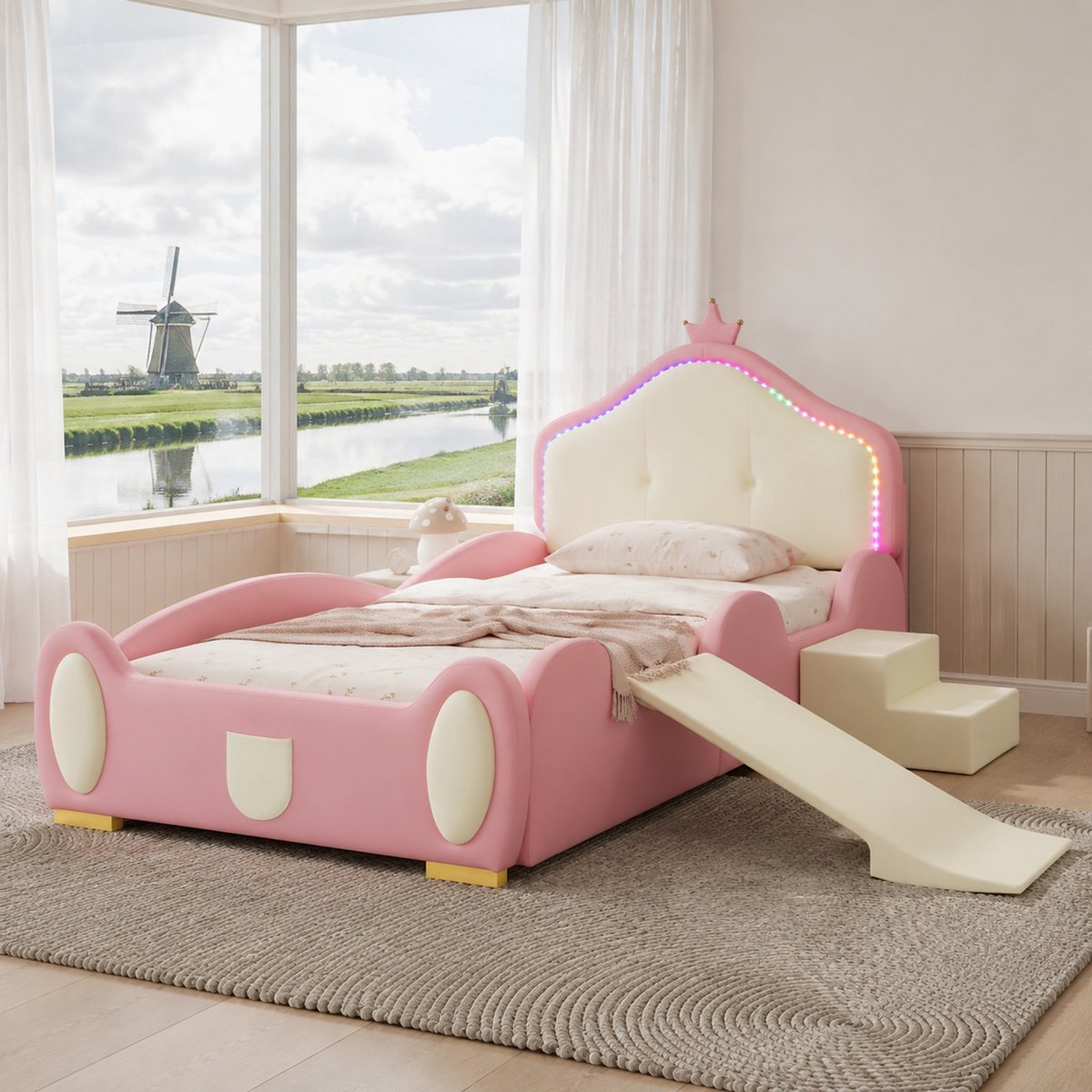 WUVRIE Kinderbed 90x200 cm met glijbaan, trap en LED-verlichting, PU roze/beige