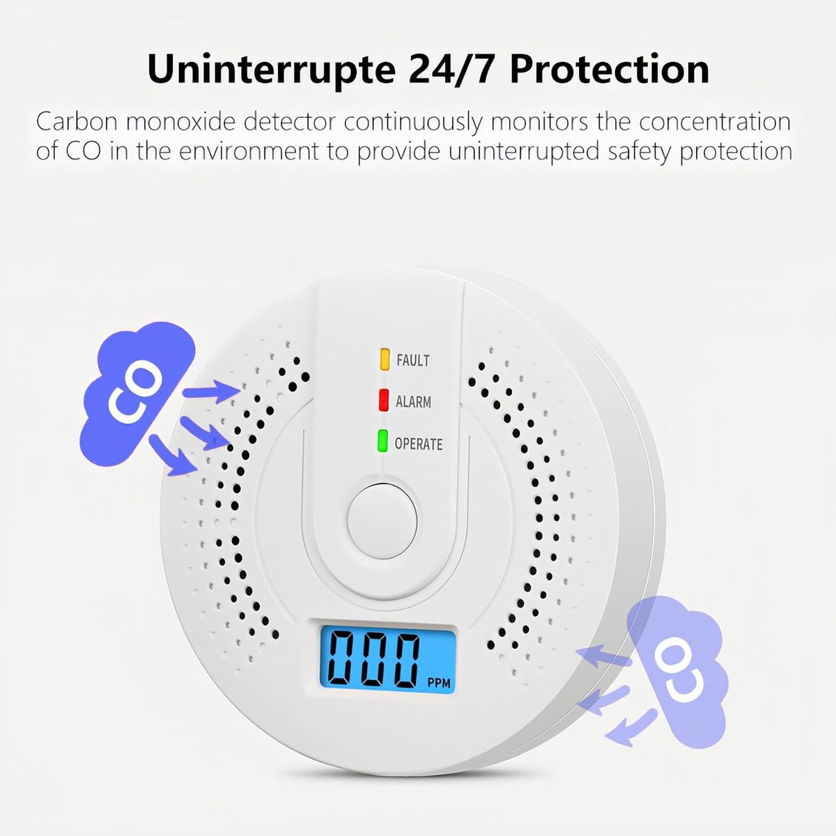 Koolmonoxidemelder - met hoorbaar alarmlicht, led-indicator, batterij-indicator, digitaal display en testknop - geschikt voor op reis en voor thuisbeveiliging - wit