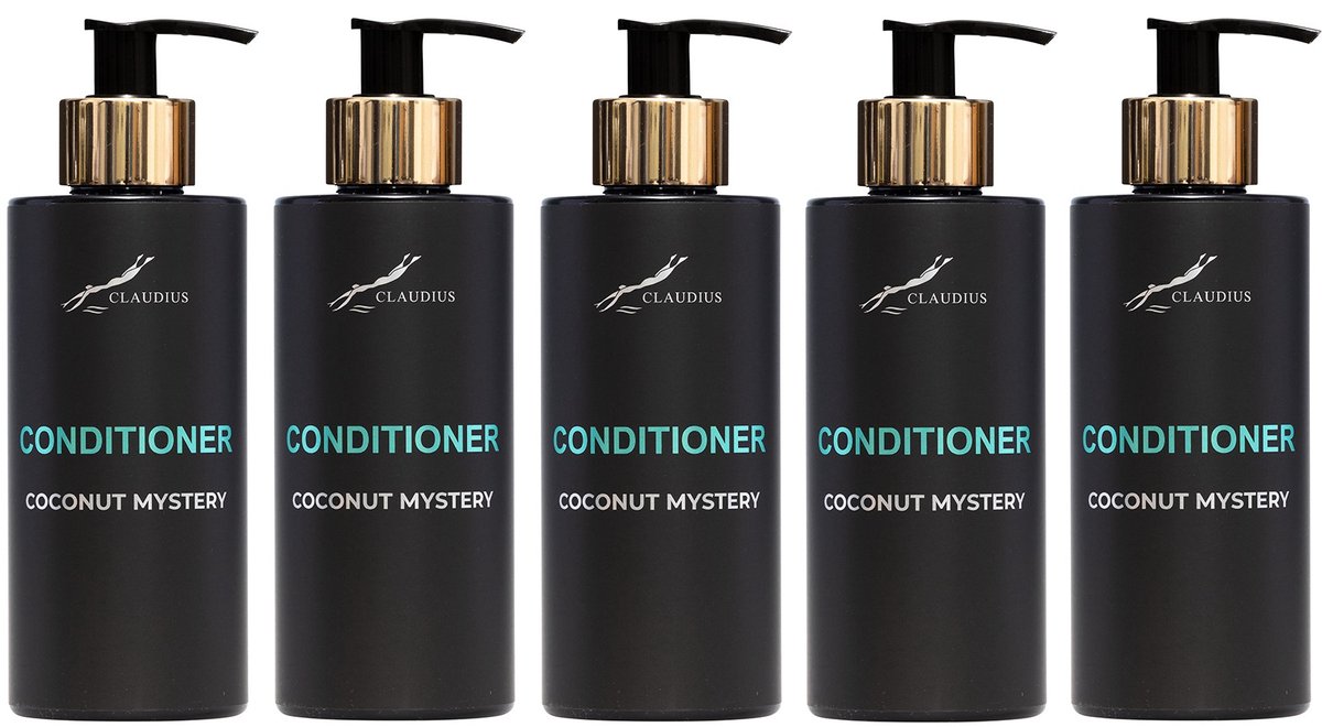 Hairconditioner Coconut Mystery 300 ml - met gouden pomp - zwarte fles - set van 5 stuks - Voordeelverpakking