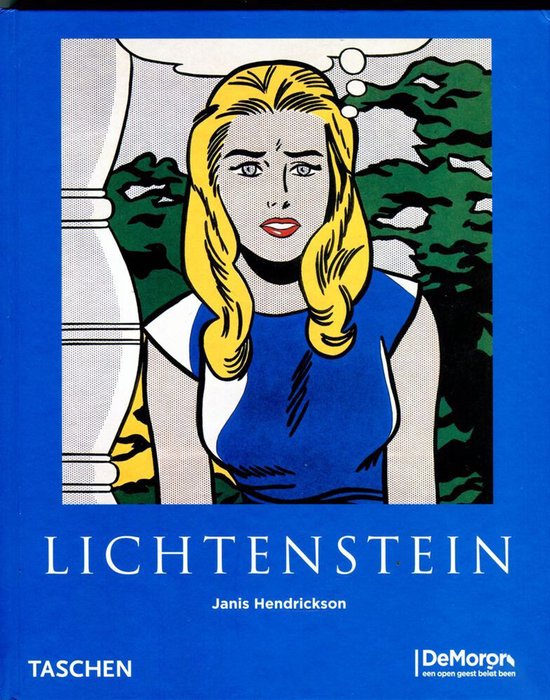 Lichtenstein boekcover: pop-art portret van een blondine met blauwe jurk. Titel 'LICHTENSTEIN' onderaan.