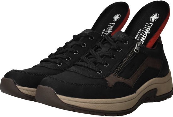 Zwarte Rieker veterschoenen met bruine accenten, ritssluiting en inlegzolen.