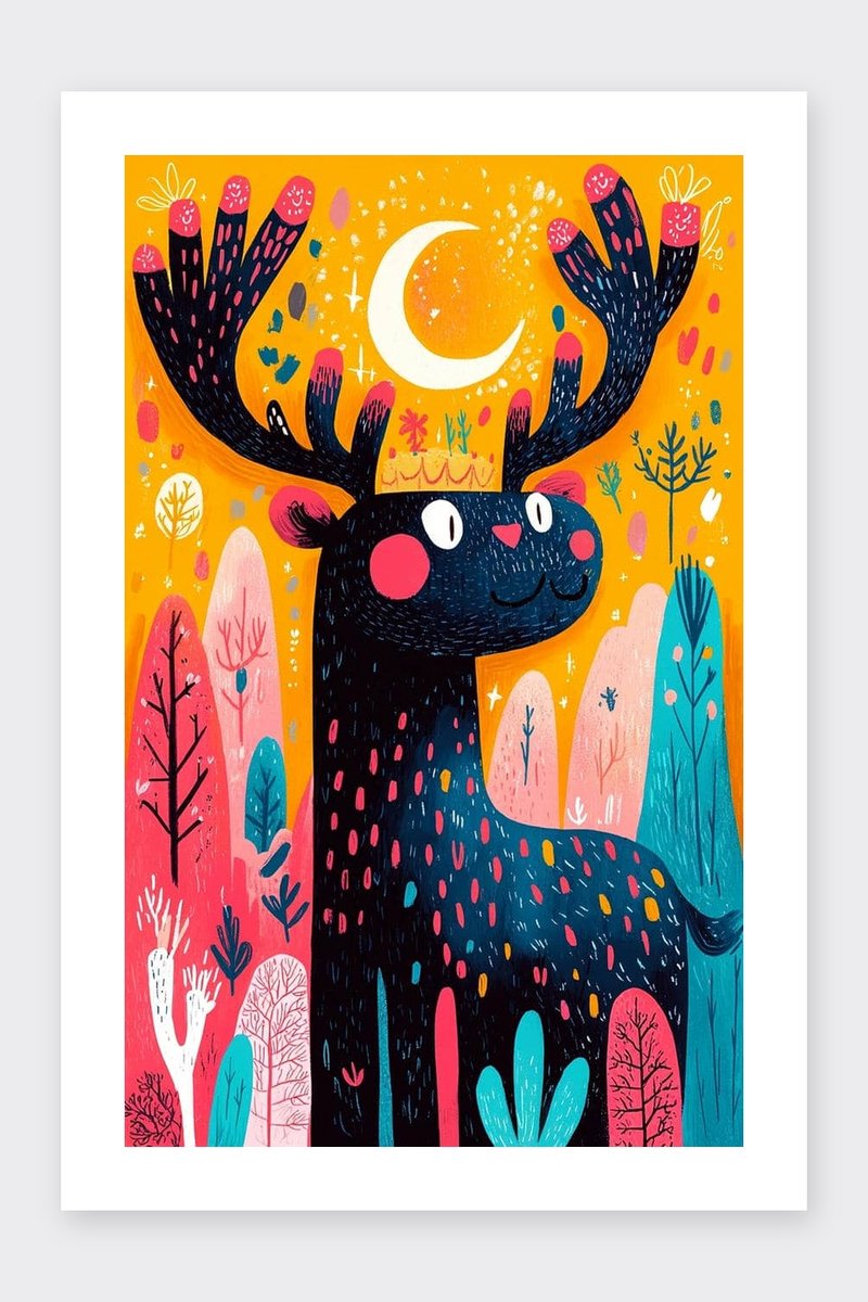 Eland Poster - Kleurrijk - Kunst - Dieren - Expressief - Natuur - Kinderkamer - Kinder - posters - formaat 30x40cm - Wanddecoratie - BXS5156AZ - Met kader - passe-partouts stijl