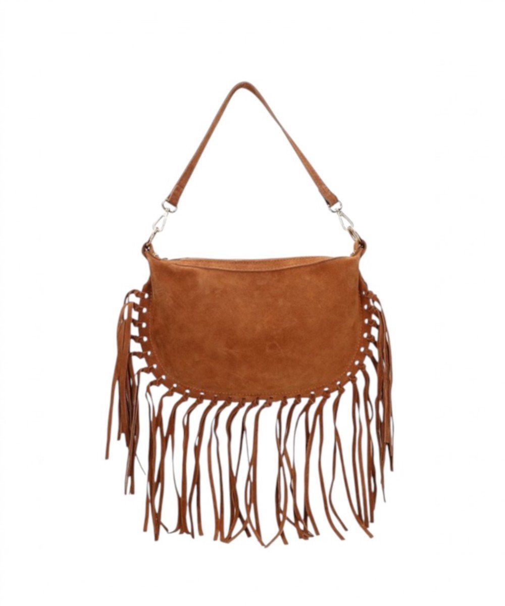 Cognac Suède Schoudertas met Franjes - Dames Fringe Crossbodytassen - Boho Schoudertassen - Twee Hengsels - Cognac