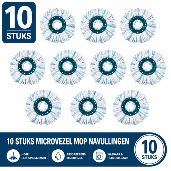 Tien ronde microvezel mopkoppen met blauwe en witte draden, geschikt voor Leifheit Clean Twist Disc Mop.