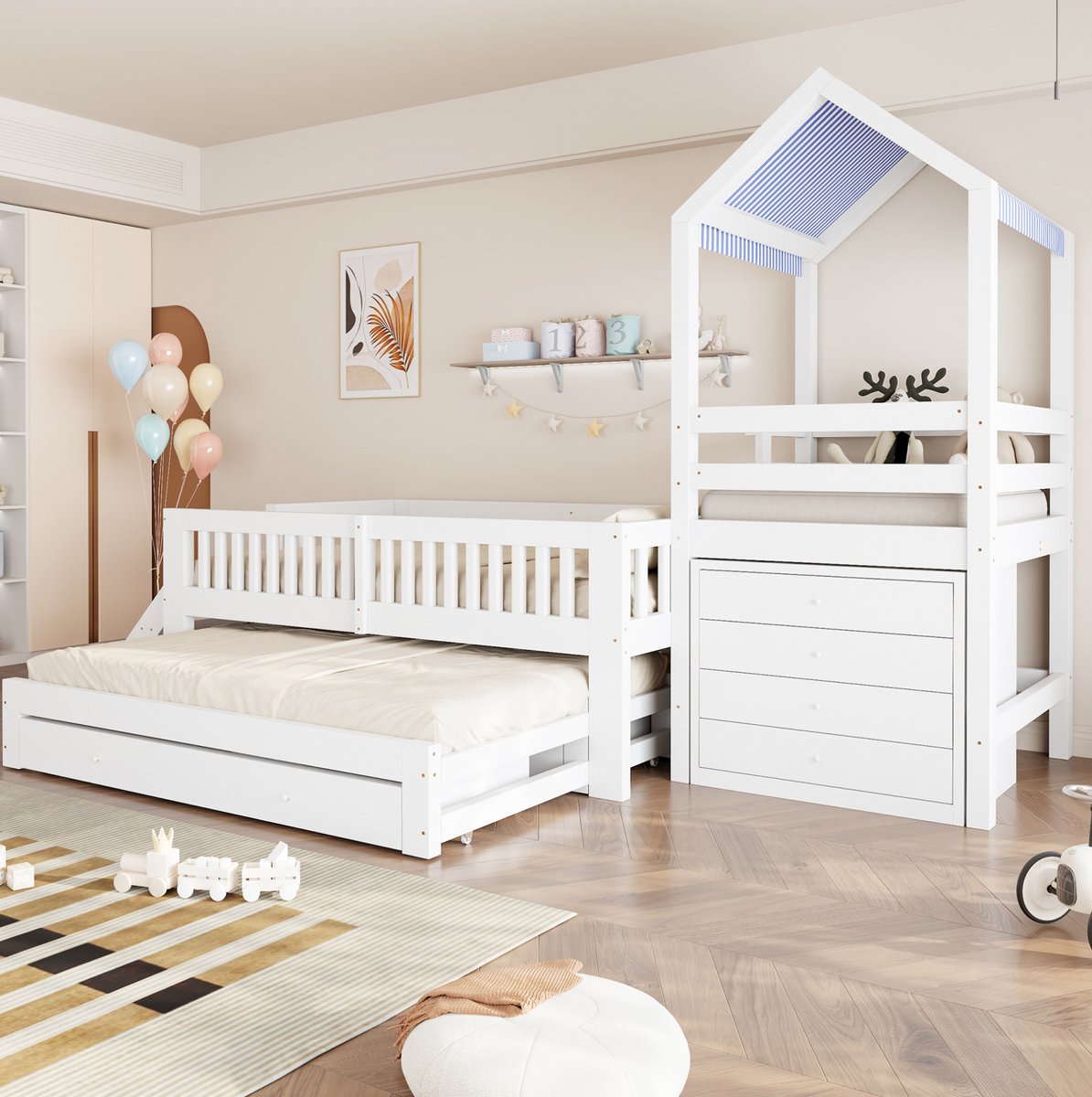 DESMIU Kinderbed 90x200 cm – Huisbed Met Uitschuifbed 90x190 cm – Zijtrap En 4 Laden – Zonder Matras – Voor Kinderkamer – Hout En Stof – Wit