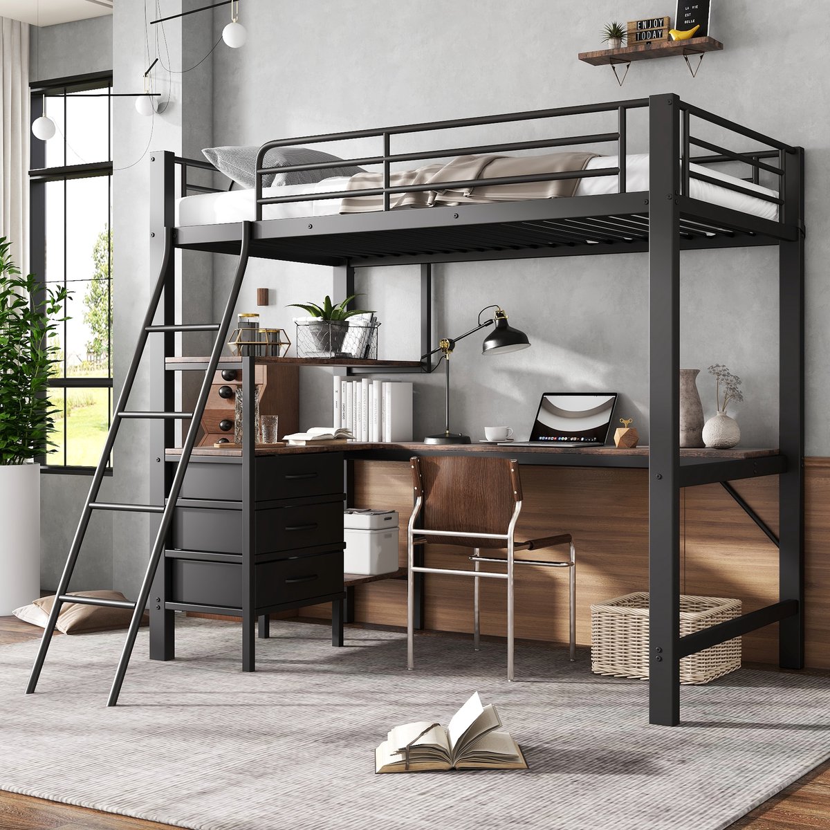 Sweiko Hoogslaper - 90 x 200cm - Met bureau - 3 laden - Opbergruimte - Zwart + Natuurlijke