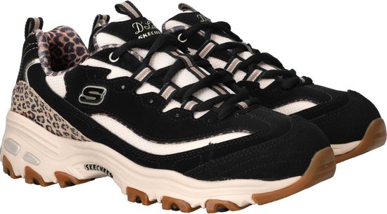 Zwarte Skechers D'Lites veterschoenen met luipaardprint, wit en beige strepen op de veters.