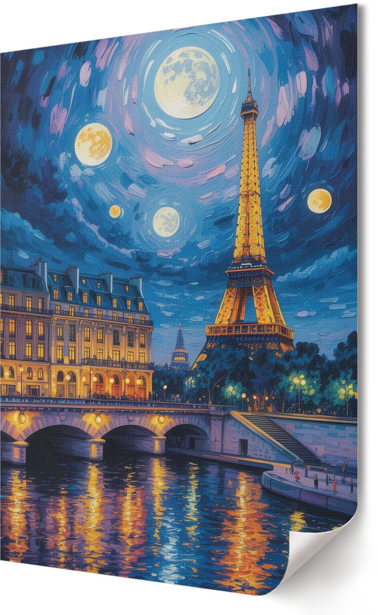 Coloray Polycanvas Poster - Parijs Bij Nacht, Schilderen - 420 x 594 - Blauw Wandposter - Rechthoek - Decoratieve poster - Woonkamer, Slaapkamer, Kantoor - Decoratief