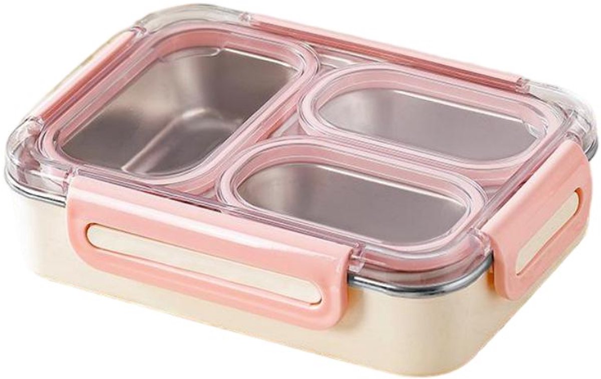 Lunchbox 3 Vakken 730 ml – Bento Box met 304 RVS Binnenbak en Siliconen Afdichting – Verdeelbare Lunchbox – Lekvrije Broodtrommel voor School, Werk en Onderweg – Roze – 2 Stuks