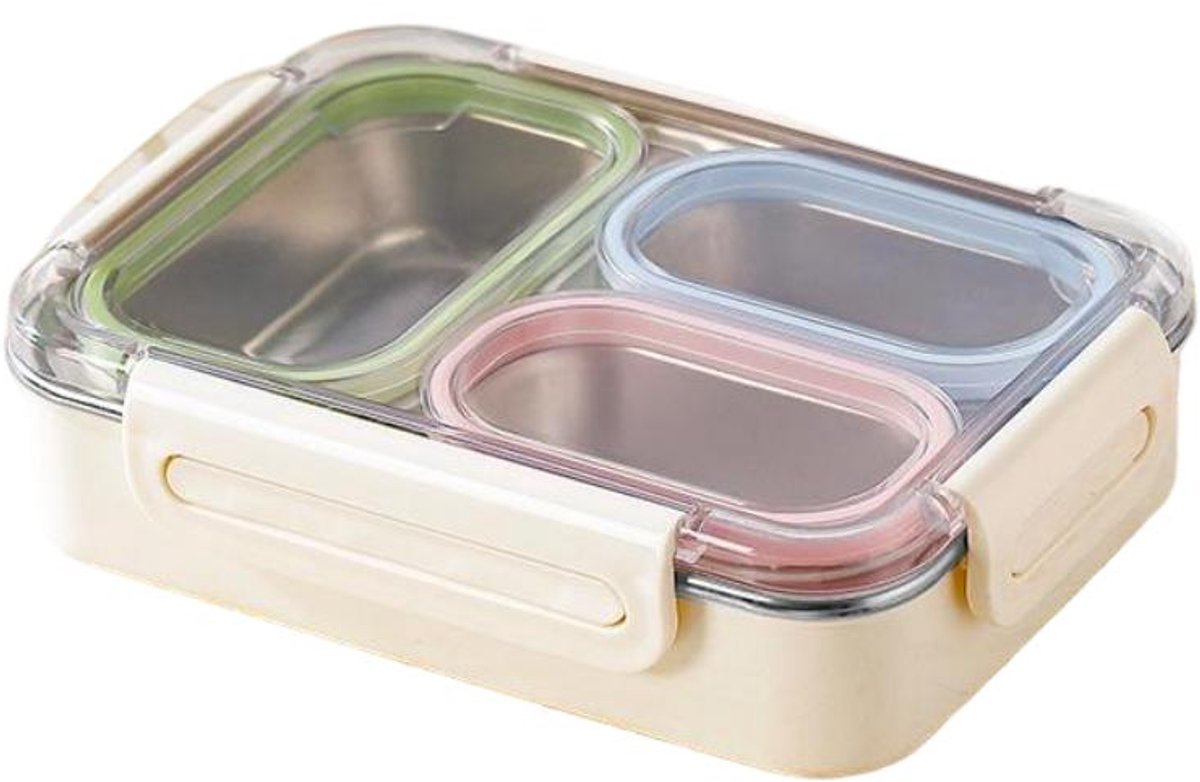 Lunchbox 3 Vakken 730 ml – Bento Box met 304 RVS Binnenbak en Siliconen Afdichting – Verdeelbare Lunchbox – Lekvrije Broodtrommel voor School, Werk en Onderweg – 3-kleurig – 2 Stuks