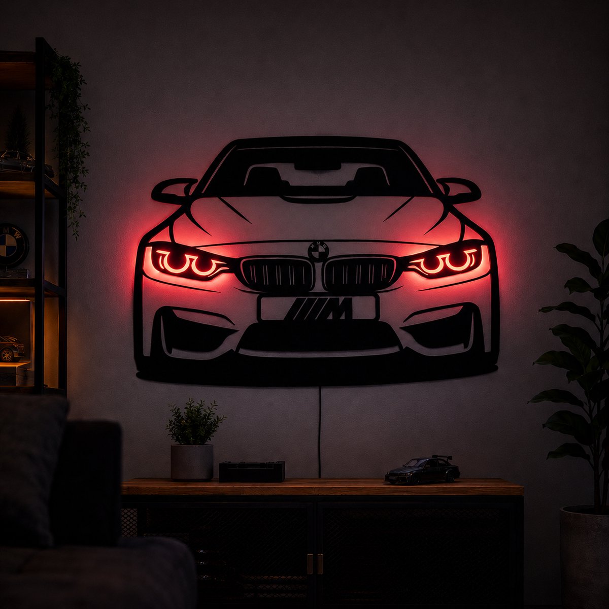 BMW M4 RGB LED Wandlamp – Auto Wanddecoratie – Zwart MDF – Met Afstandsbediening – 75 cm