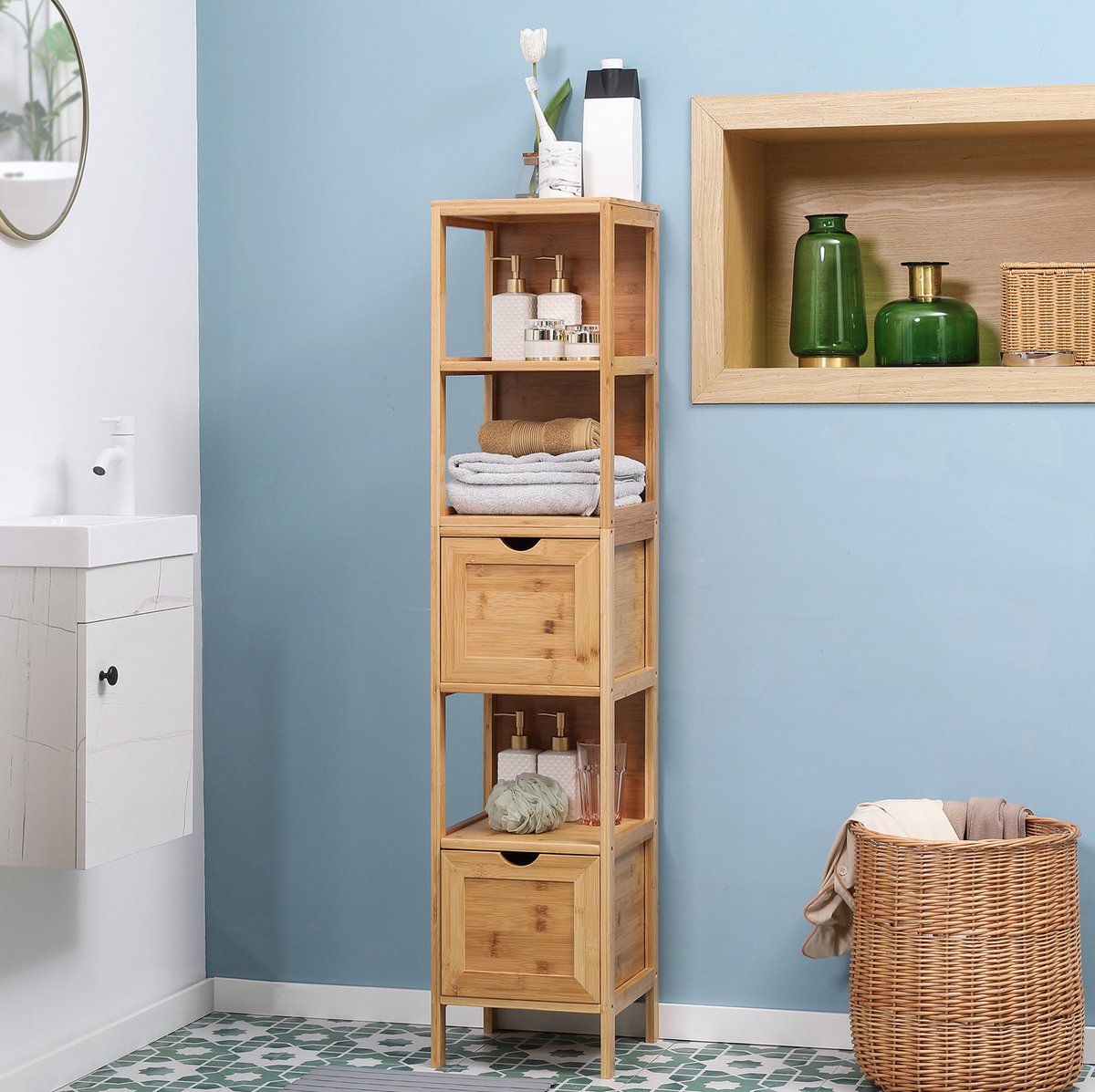 REDOM - Badezimmerschrank - Met 3 open vakken en 2 uittrekbare lades - Met anti-kantelbeveiliging - Voor kleine ruimtes en hoeken - Bamboe - Naturel hout - 30 x 30 x 140 cm