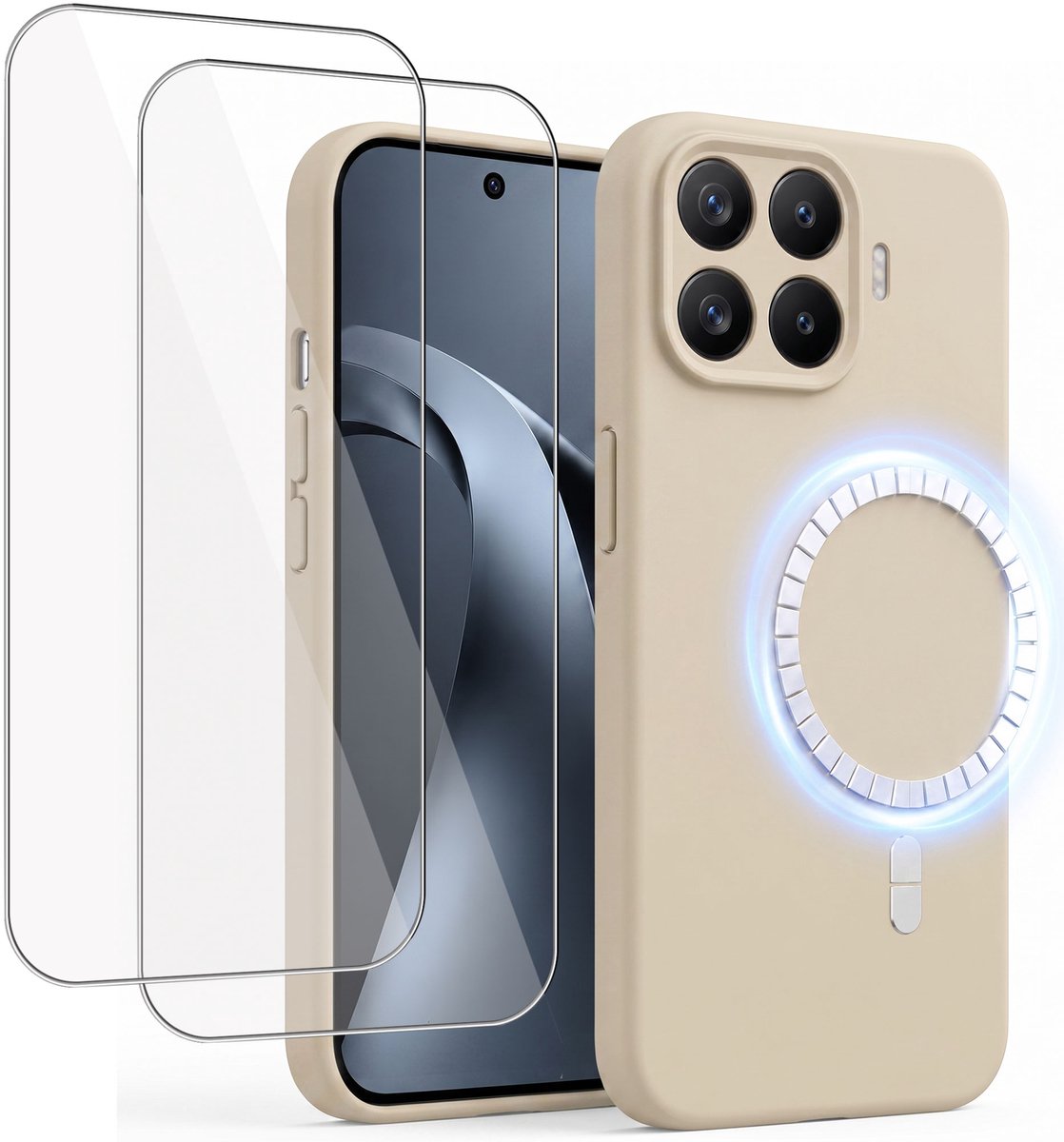 Hoesje + 2x Screenprotector geschikt voor Xiaomi 17 - Hoesje geschikt voor Magsafe - Draadloos opladen - Gehard Glas - Creme