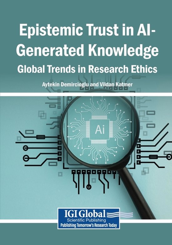 Boekomslag 'Epistemic Trust in AI-Generated Knowledge' met een vergrootglas dat een circuitbord met 'Ai' toont.
