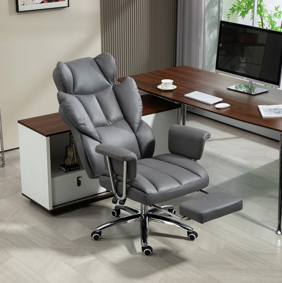 REDOM - Bureaustoel - Ergonomisch ontwerp - Verstelbare ligfunctie en voetsteun - Draaibaar en met wielen - Voor kantoor en werkplek - Kunstleer - Donkergrijs - 74 x 65 x 120-128 cm