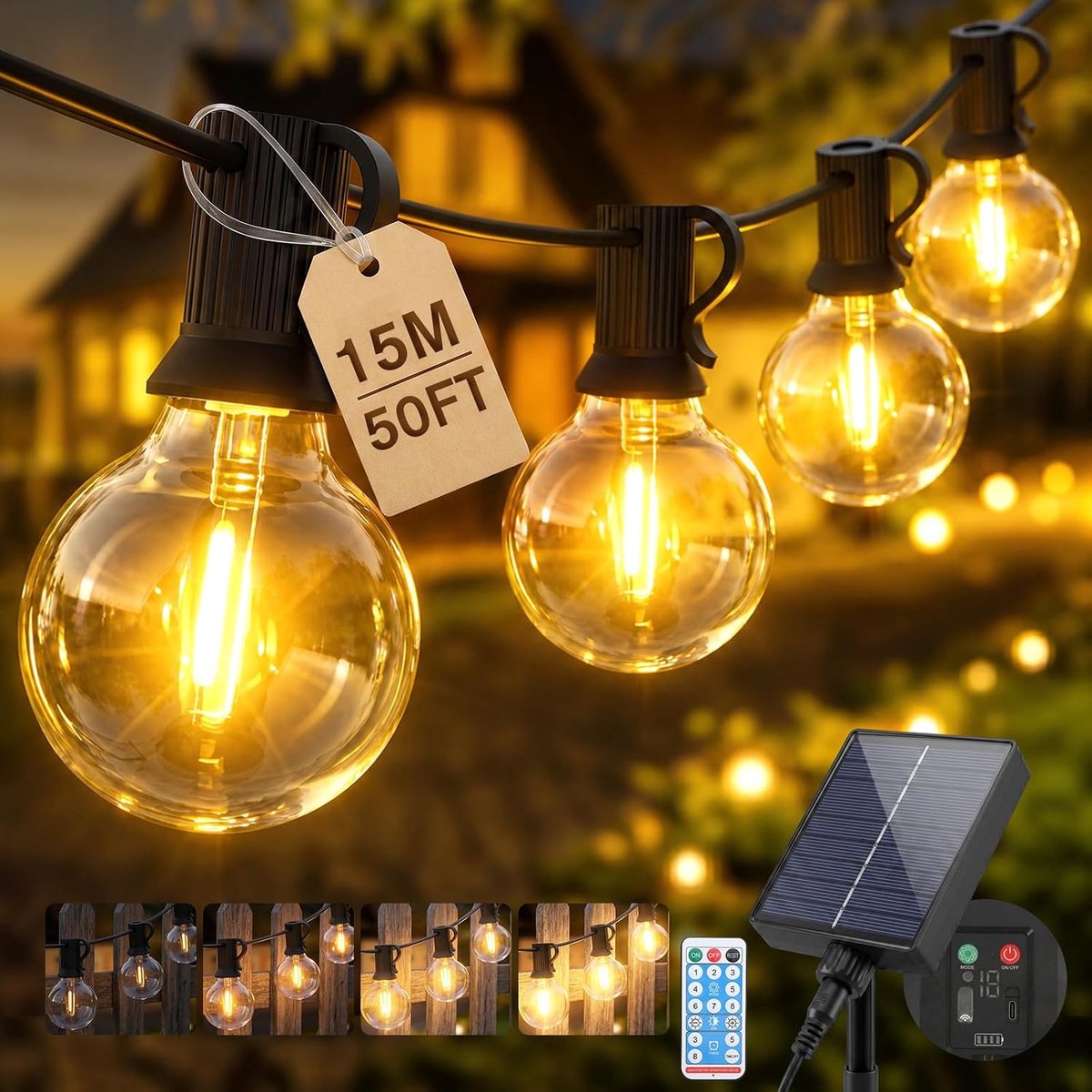 Lichtsnoer 15m - 20+1 Lampen G40 - Op Zonne-energie - IP65 Waterdicht - Afstandsbediening