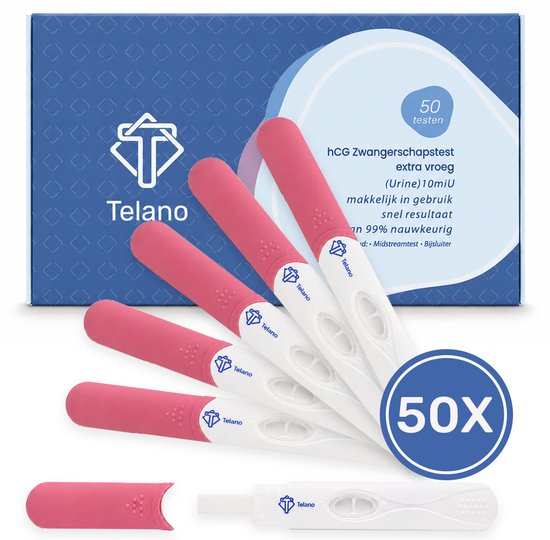 Vijf witte Telano zwangerschapstesten met roze handvatten, met een doos van 50 stuks en een enkele test.