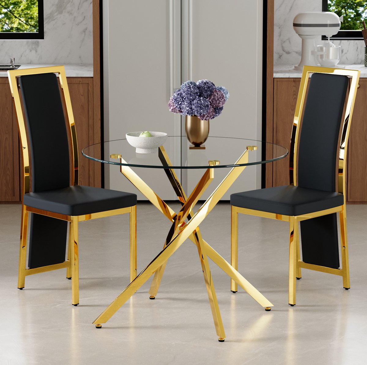 MODFU - Ronde Eettafel Set - Gehard Glas - Zwart Goud - 2 Stoelen - Modern