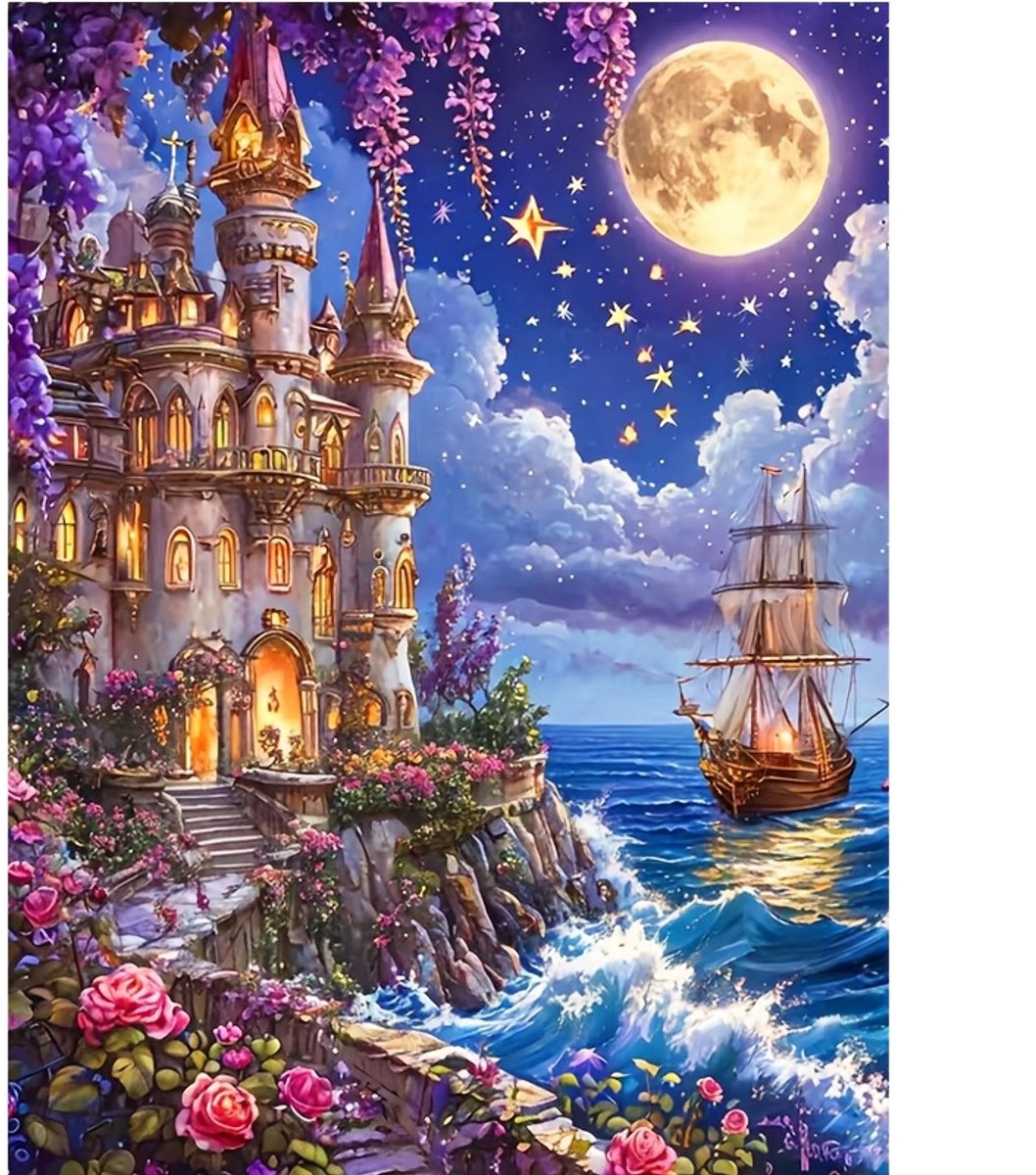 TOPMO- Kasteel aan Zee - Diamond painting pakket - HQ Diamond Painting - volledig dekkend - Diamant Schilderen – voor Volwassenen – ROND - 40 x 50 CM