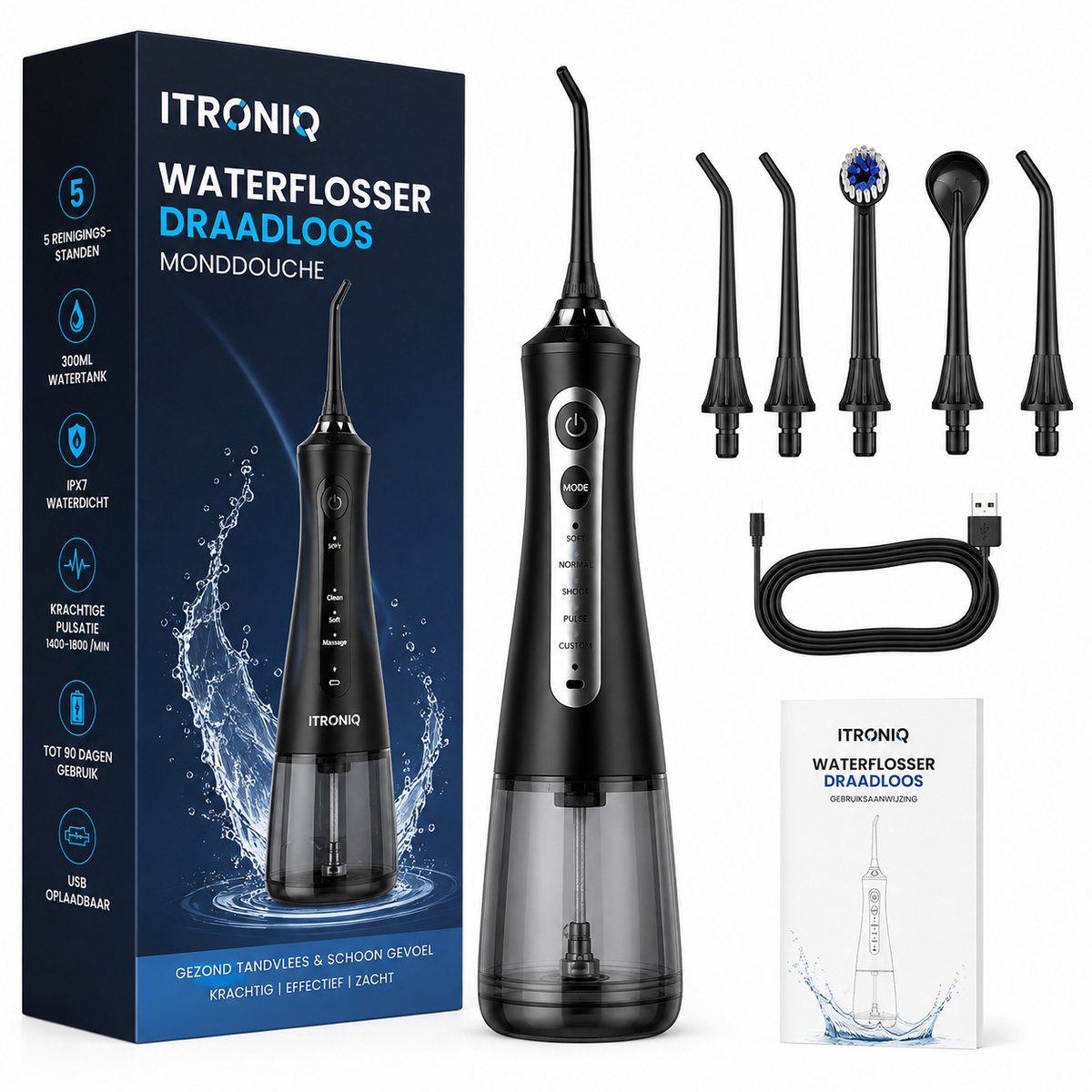 ITRONIQ 2-in-1 Elektrische Tandenborstel en Waterflosser – Draadloze Monddouche – Flosser - 5 Reinigingsstanden – 300 ml – Zwart