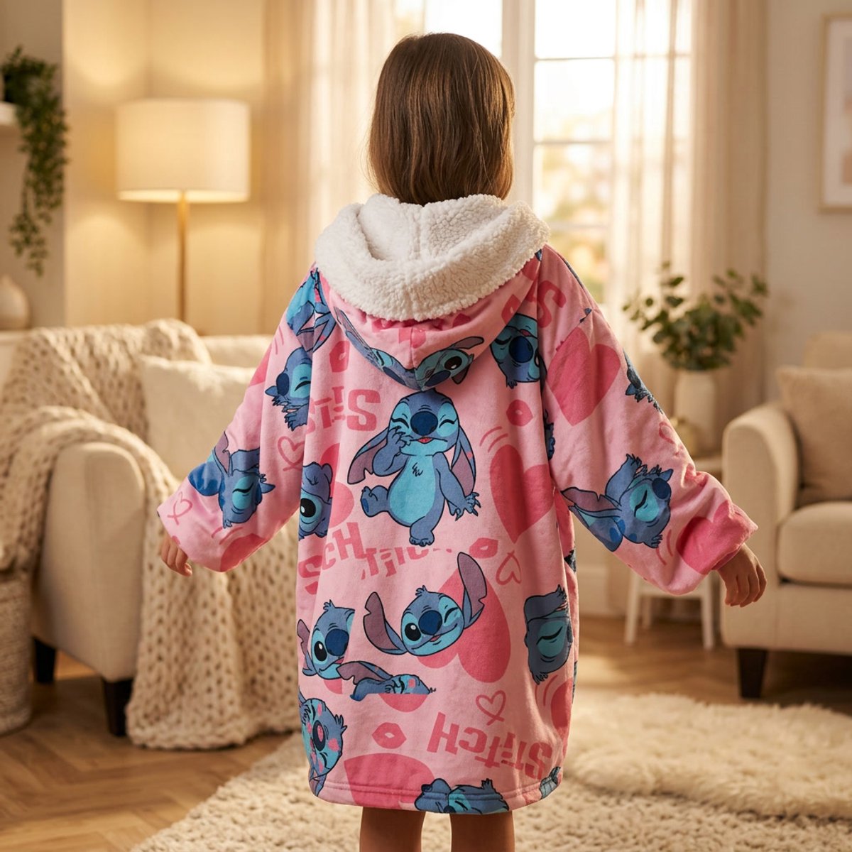 Disney Stitch Poncho hoodie flanel kind 6-12 jaar roze
