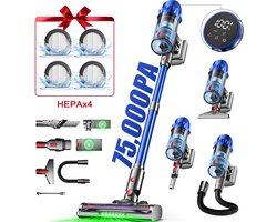 Hiaonyx steelstofzuiger - 9-in-1 steelstofzuiger draadloos - 75000pa - Met dierenborstel - LED Groene Stofdetectielamp - Dierenharen - Geschikt voor Tapijten - Harde Vloeren en Dierenharen - 2-liter stofopvangbox - Blauw