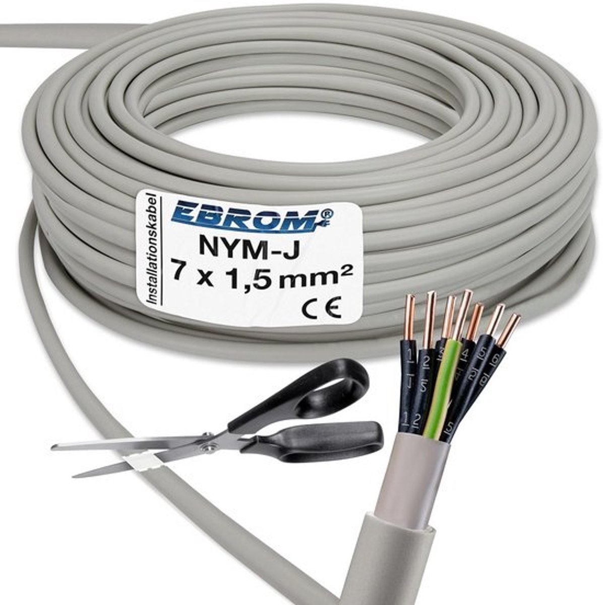 Installatiekabel - NYM-J kabel - Vaste installatie - 7 kernen 1.5 mm2 - Keuze lengte - Grijs