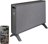 Zwarte Dimplex convector met grijze stoffen afwerking en een smartphone met de Glen Dimplex Connect-app.