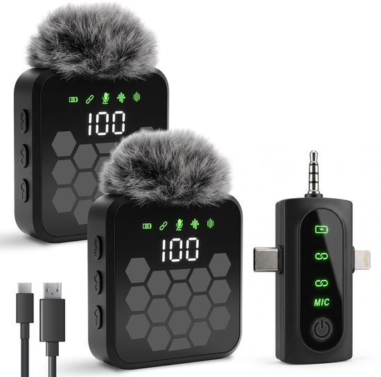 Nuvance Draadloze Microfoon - 2 Stuks - Lavalier Mic - Windshields - Dasspeld - Microfoon Draadloos - USB-C & 8-Pin - Microphone