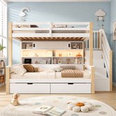 Pugsdrly - Stapelbed en kinderbed van massief hout - 90x200+90x200 cm - Wit en natuurlijke kleur - Met LED-lichtstrip en USB-oplaadpunt - Trap met opbergruimte