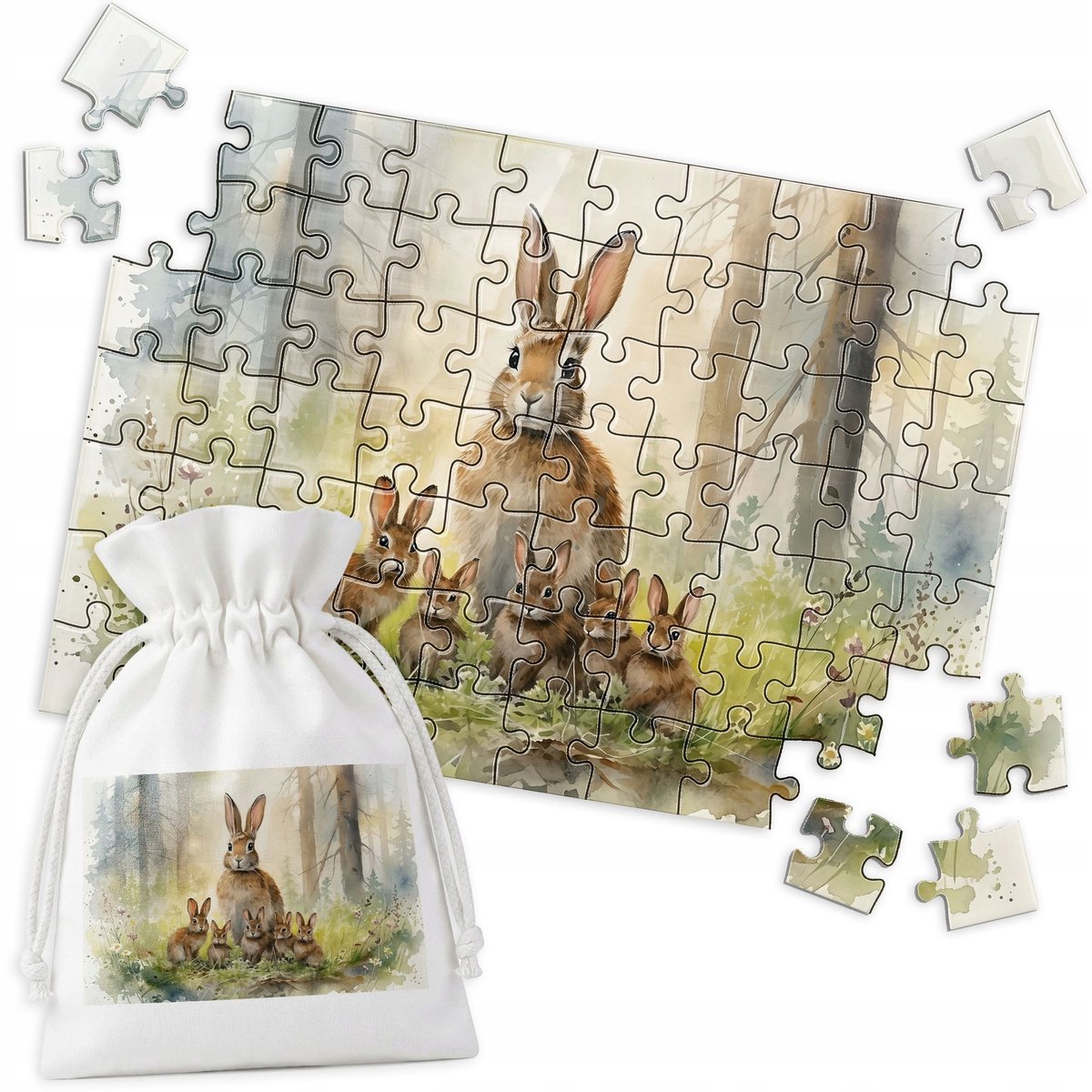 Houten Puzzel 70 Stukjes - Konijn Bos Dieren - Acuarel
