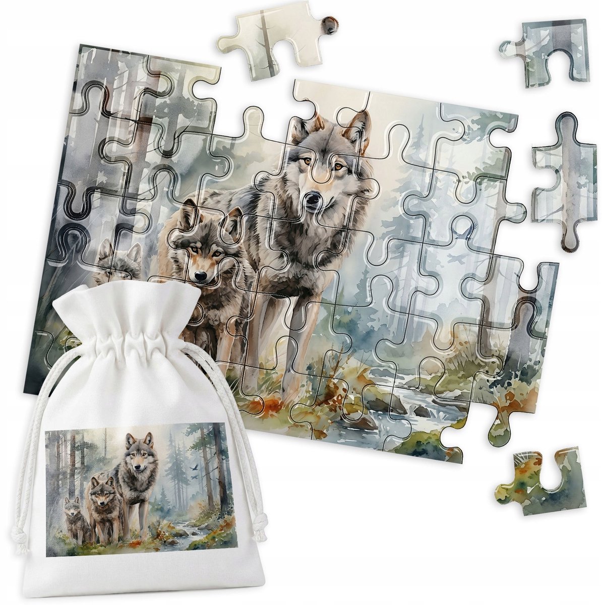 Houten Puzzel - Drie Wolven in Bos, Aquarel, 35 Stukjes