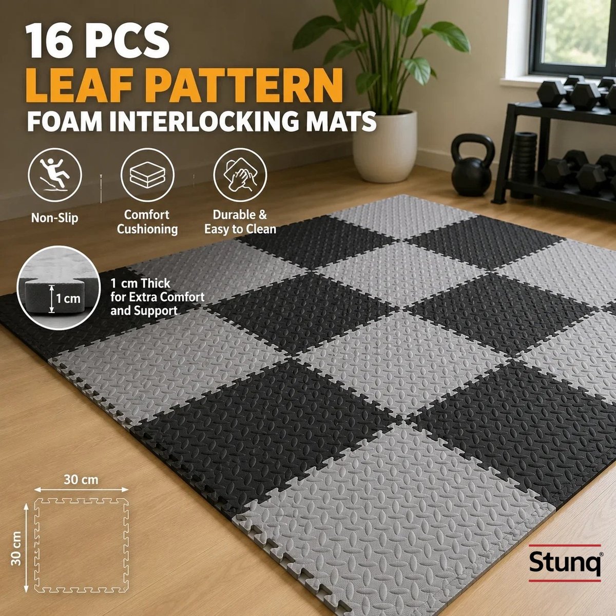 Stunq® 16-delige EVA schuim puzzelmatten 30x30 cm – antislip vloerbedekking voor gym en fitness (zwart/grijs)