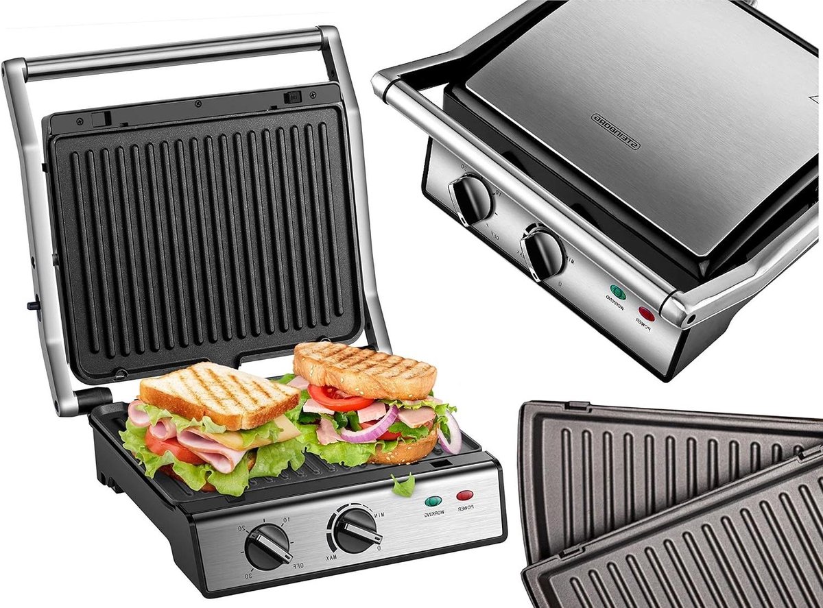 Contactgrill - Tafelgrill Paninigrill - Sandwiches Grillen - Afneembare Platen - 33.5 x 35.5 cm - Roestvrij staal